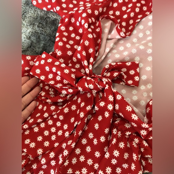 RED WHITE FLORAL FRONT BOW RUFFLES MINI SUMMER SUN DRESS - Picture 9 of 9